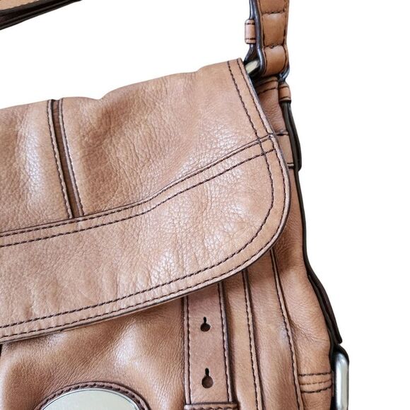 Fossil Leather Handbag Purse Messenger Brown Flap Shoulder Heavy Hardware - Picture 5 of 11
